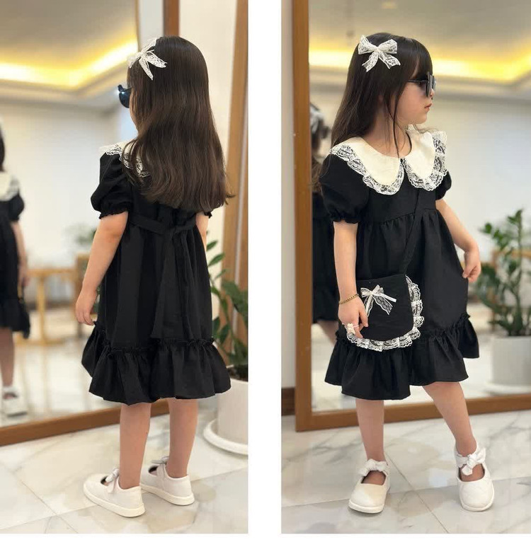 پیراهن مشکی یقه گیپوری دخترانه بچگانه زیبا و جذاب سایز ۳ تا ۸,۷سال