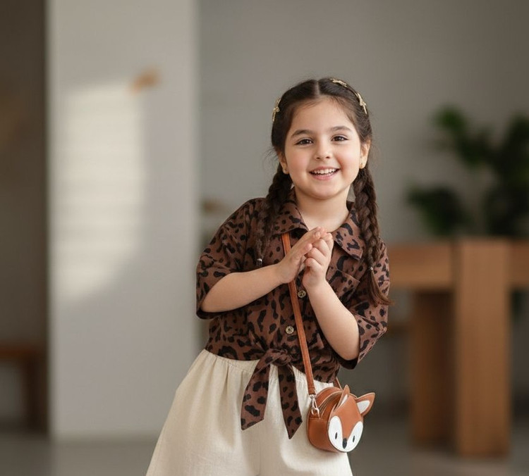شومیز پلنگی گره ای کرپ بوگاتی دخترانه سایز ۵۰, ۵۵, ۶۰