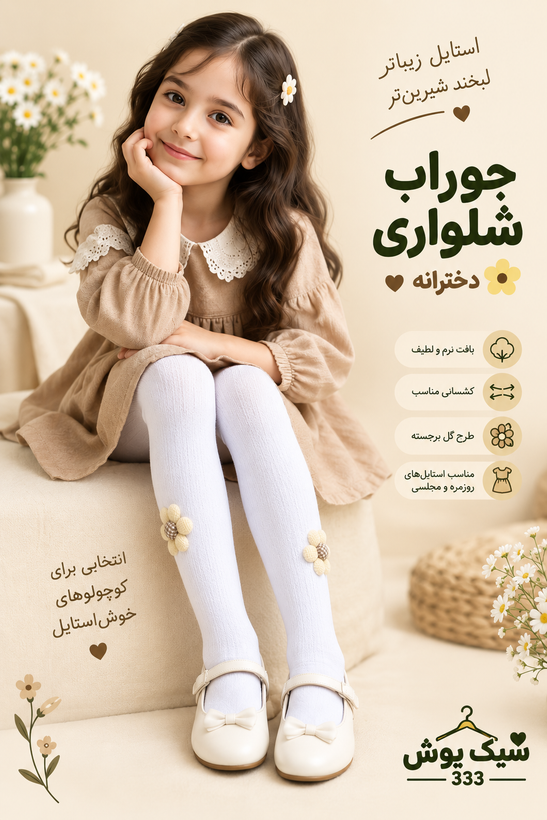 🧦 جوراب شلواری دخترانه ضخیم سفید گلدار | جورابشلواری مجلسی و روزمره با گل برجسته
