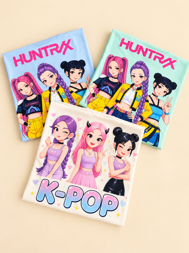 تی شرت تک دخترانه طرح کی پاپ و هانتریکس K_Pop , huntrix